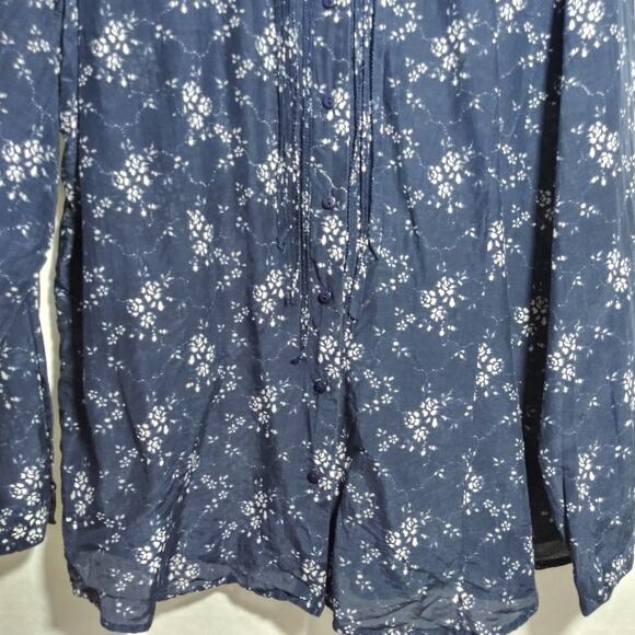 Coldwater Creek Floral Navy Silk Pintuck Women's Button Up Blouse Top Sz 16/18W - Picture 3 of 8